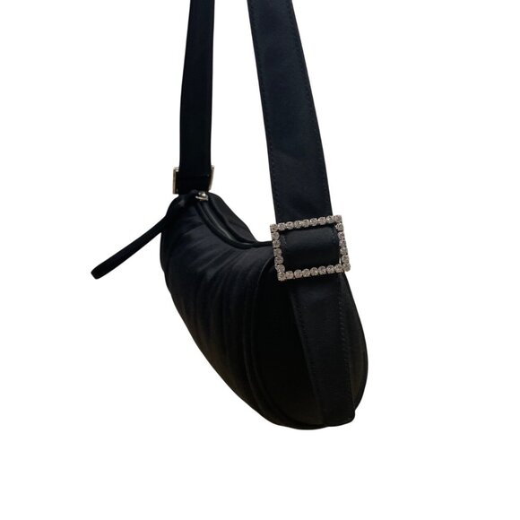 Ann Taylor Black Satin Rhinestone Buckle & Zipper Closure Shoulder Clutch Szize - Picture 4 of 8